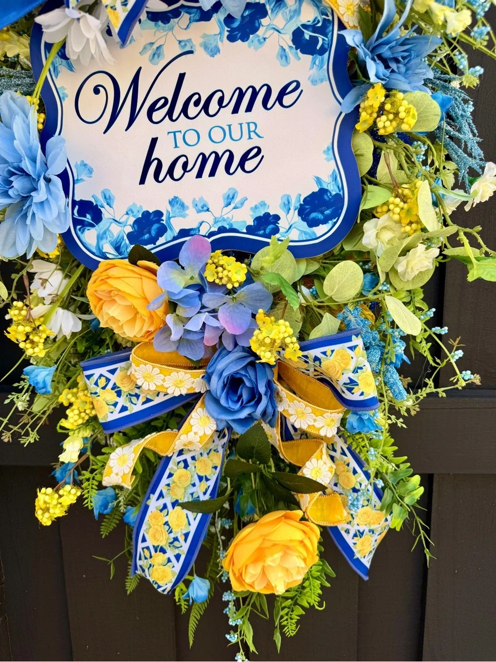 Hand Crafted Blue and Yellow Welcome Home Door Wreath
